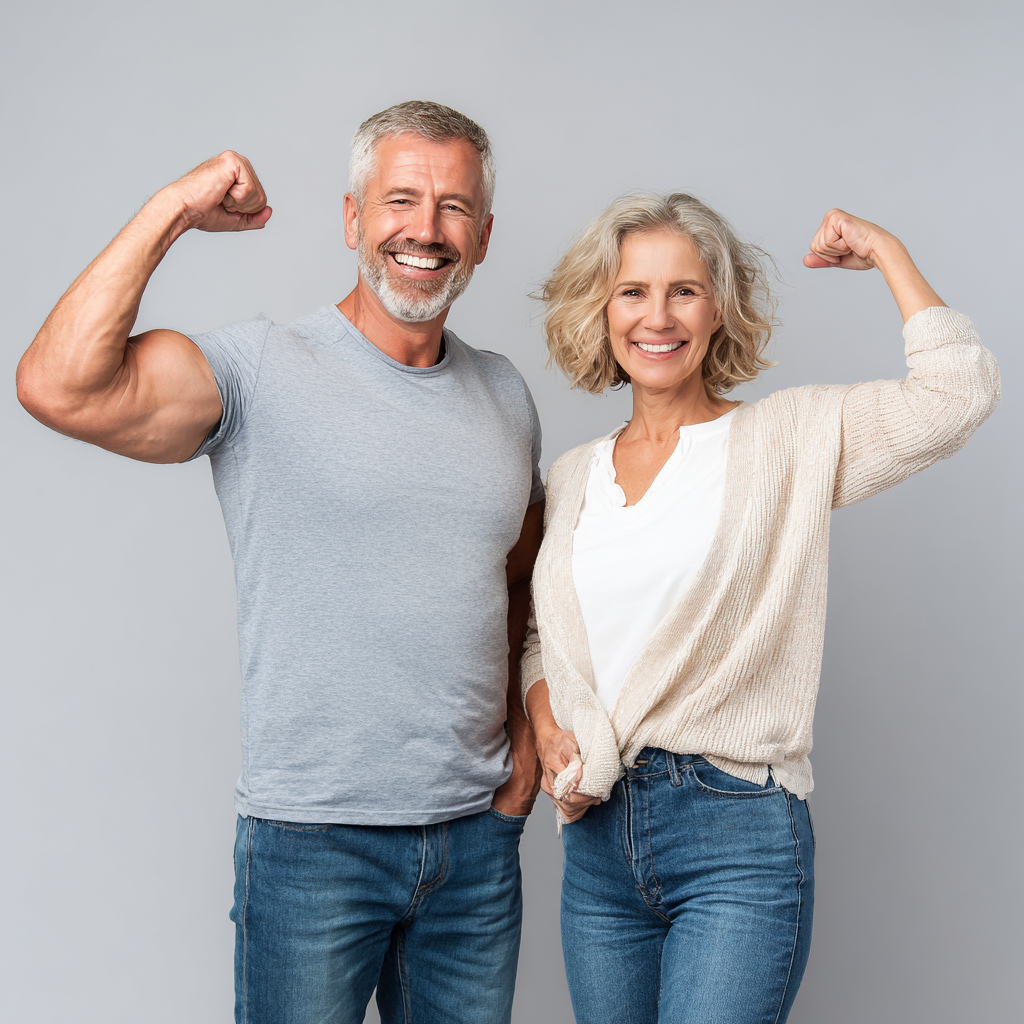 Middle-aged adults celebrating successful natural health transformation results