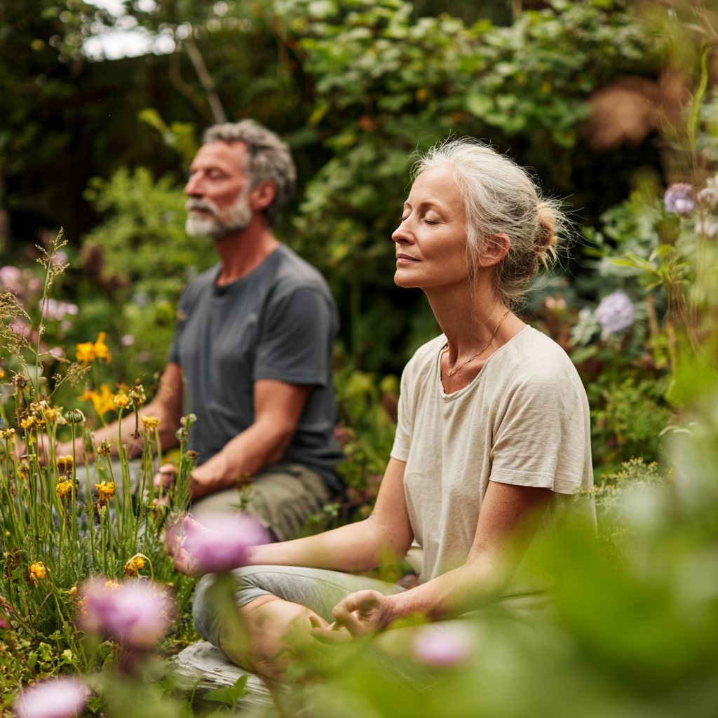 Middle-aged adults practicing natural health methods in peaceful garden setting